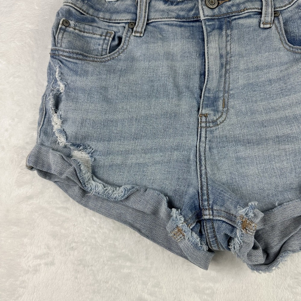 Eunina Womens Size M Kara Super High Rise Raw Hem Blue Jean High Low Roll Shorts - Picture 4 of 15